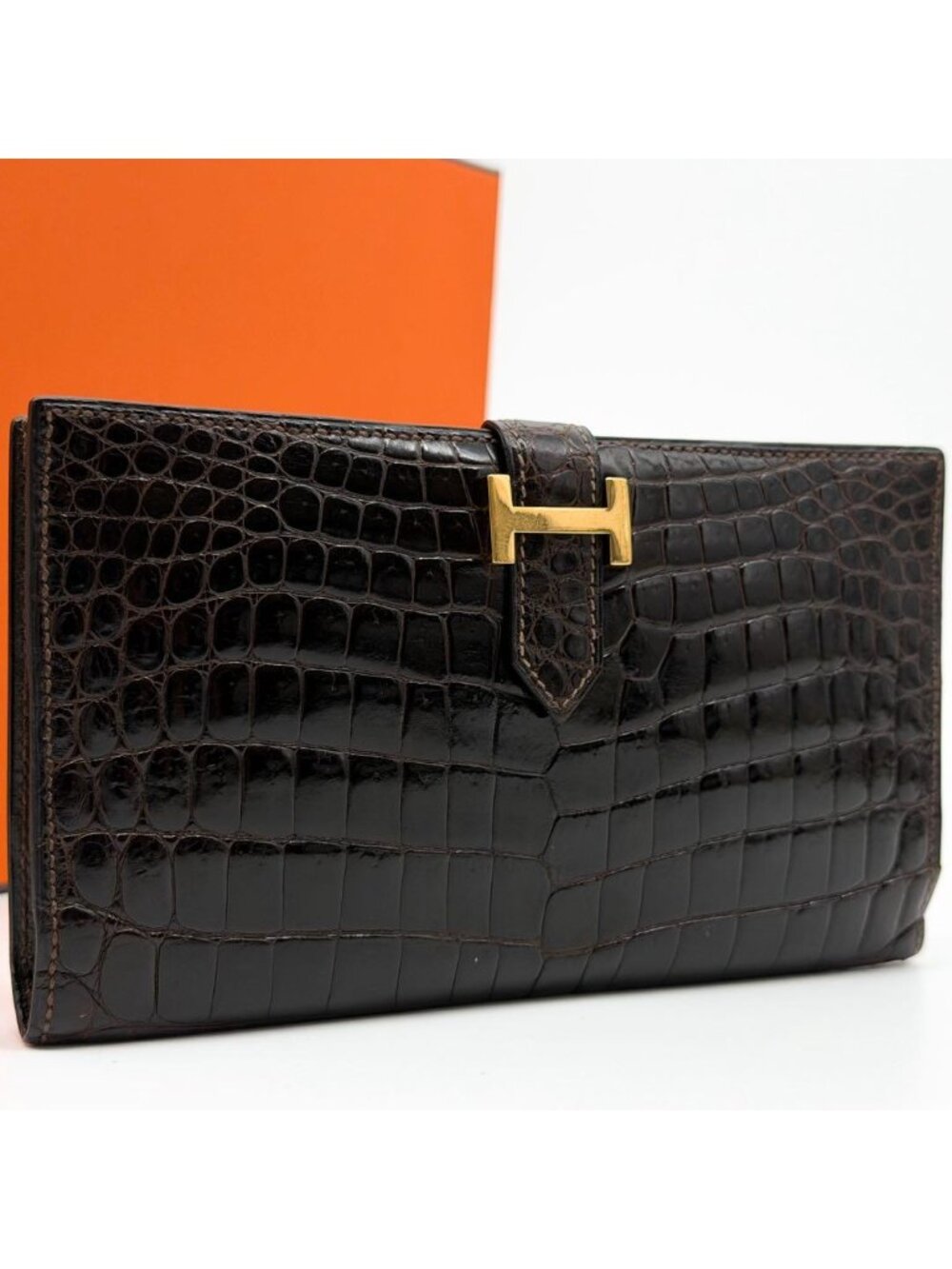 Hermes Bearn Classic Croco Brown Vintage Wallet